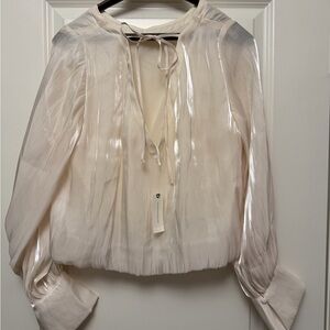 Anthropologie Sheer Blouson Tie-Neck Blouse in Pale Blush